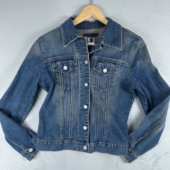 Gap Denim Short Jacket Womens Size Small Stretch Faded Shoulder 000308120 Blue - Picture 1 of 12